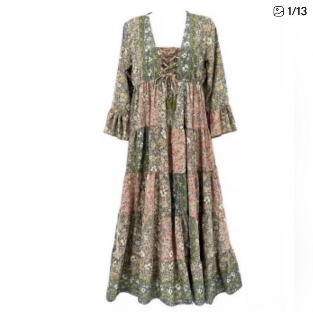 Boemo Maxi Long Sleeve Floral Dress Smocked Waist with Tie‎ Women’s Size Large
